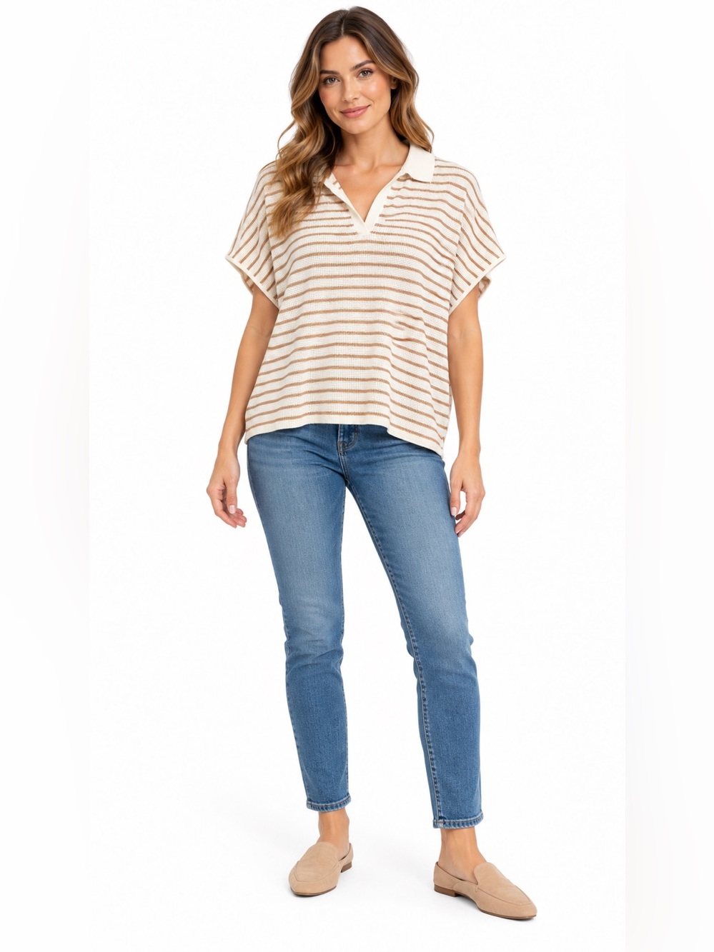 Cyrus Cream and Tan Striped V-Neck Sweater